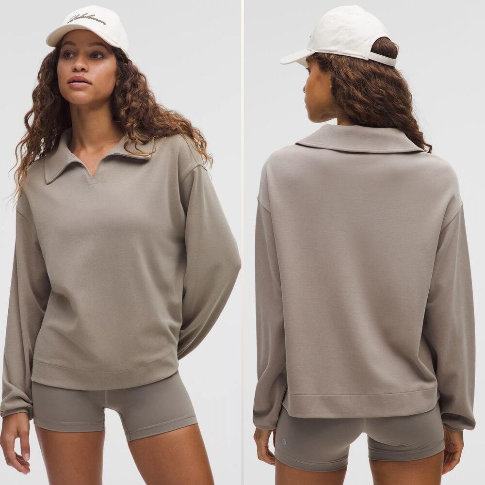 LULULEMON Softstreme Polo Shirt sz XS Pique Oversized Long-Sleeve Warm Ash Grey
